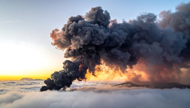 Eruption of cloud smoke rises over clouds at dusk