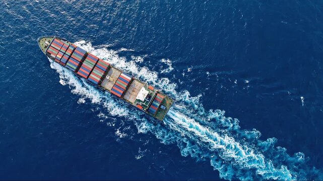 top down aerial view of large container ship transporting colorful cargo across deep blue ocean leaving white wake trail behind