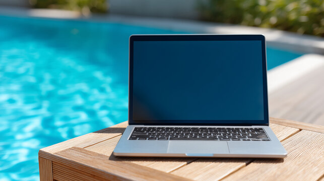 Aesthetic shot of a modern laptop with a blank glowing screen resting on a wooden side table next to a turquoise swimming pool, Digital Nomad concept, sharp focus on the laptop's m
