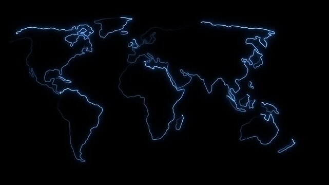 Glowing world map outline electric blue neon lines on black background . Glowing world map connection concept for digital systems. Glowing world map connection seamless global data exchange.