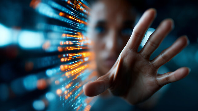 Extreme macro of a computer screen showing abstract glowing blue and orange data lines, a hand (faceless) blurred in the background, Big Data concept, sharp focus on the screen pix