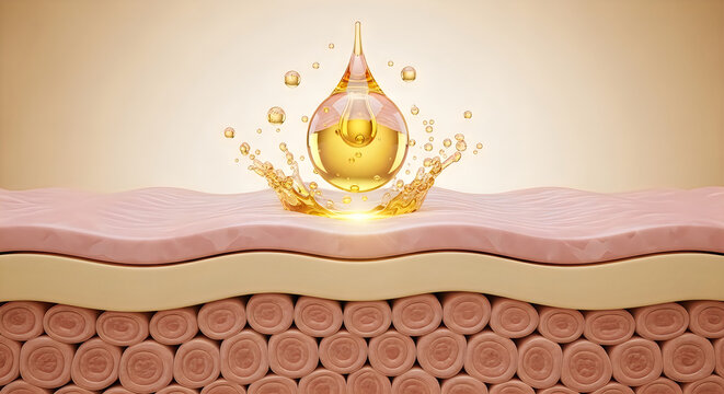 Skin layers with oil drop and splash on surface for skincare concept