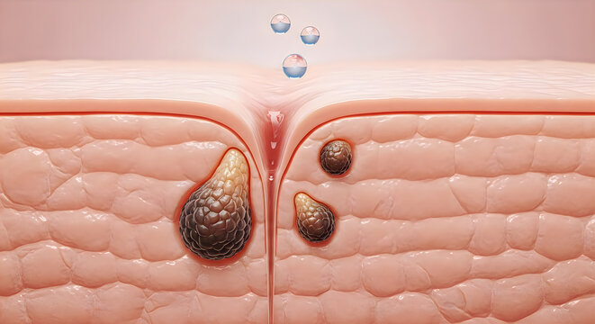 Crosssection of skin with sebaceous cysts and oil glands underneath the surface