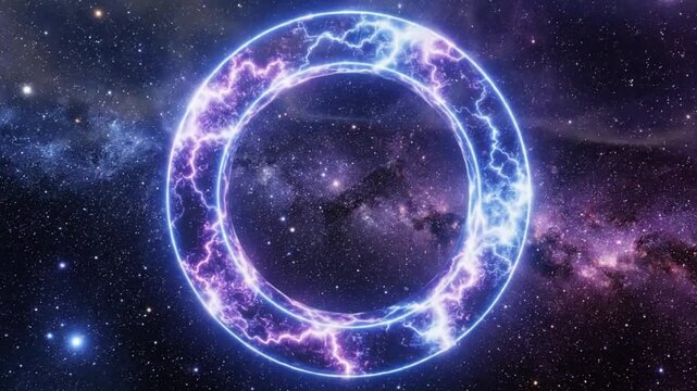 A cinematic animation of a glowing, circular energy portal or stargate floating in deep space. The portal features intense blue and purple electrical lightning bolts swirling within a neon ring, set a
