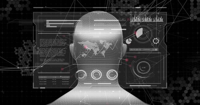 RGB glitch sparking wireframe head rotating for 360 scan while HUD pins tracking and pulsing