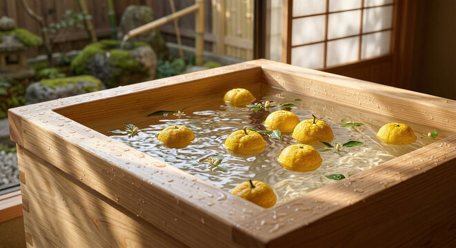 Fresh Yuzu Fruits Floating in Minimalist Wooden Bathtub