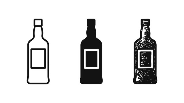Tall spirits or wine bottle icon collection in three different illustrative styles