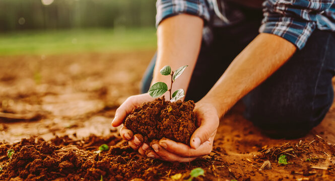 A young farmer holds a young plant in a field on a sunny day. An agronomist's hands plant a seedling in fertile soil. Concept of gardening, ecology, and agriculture.