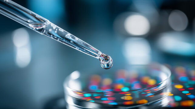 Aesthetic flatlay of a pipette tip with a drop of liquid over a DNA microarray chip with colorful abstract spots, Genomics concept, sharp focus on the liquid transparency and chip