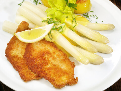 White Asparagus with Sauce Hollandaise - Vienna Schnitzel and Potatoes