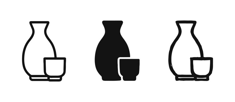 Japanese sake carafe and cup icon set in three styles for oriental theme design