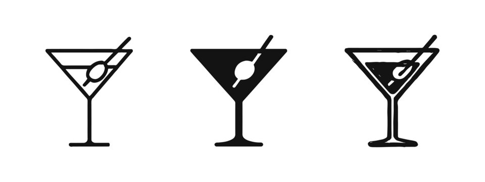 Martini glass icon set, cocktail icons in outline, solid and hand-drawn styles, alcohol drink vector illustration