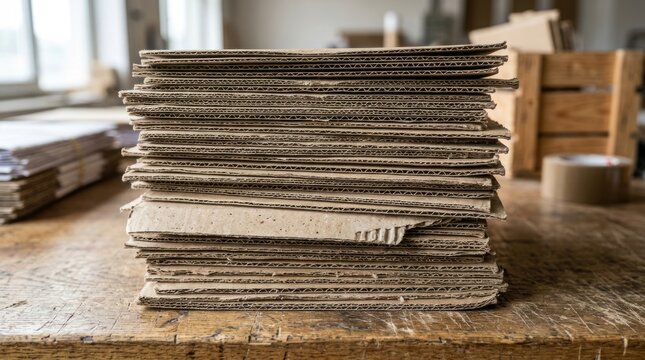 A large stack of corrugated cardboard sits on a weathered wooden table. The cardboard is stacked neatly, creating a substantial pile.