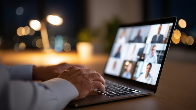 Close-up of hands on a laptop at a bright international video conference showing multiple team member participants from different locations, a shared document with project agenda b