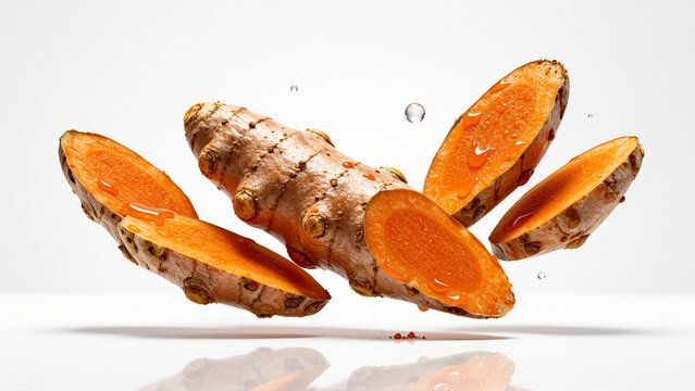 Vibrant Turmeric Slices Suspended in Air with Water Droplets