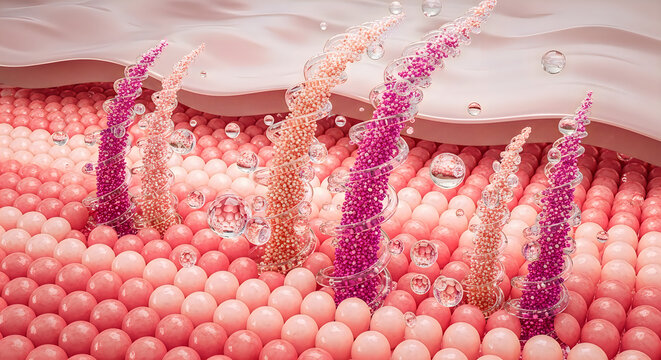 Skin layers with pink and purple beads on white background