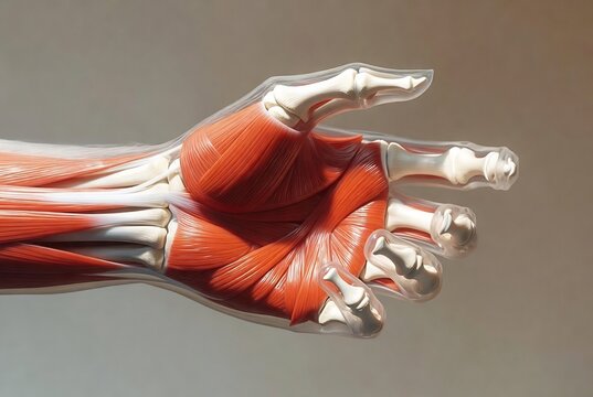 A detailed anatomical rendering of a human hand and foot, highlighting muscle structure.