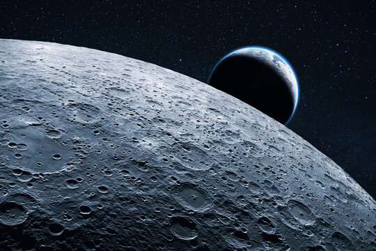 Stunning view of the Moon's cratered surface in the foreground with planet Earth rising in the deep black space starry background. High-detailed lunar landscape and cosmic exploration theme.