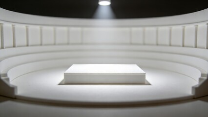 Fototapeta premium A white circular miniature amphitheater model with tiered seating surrounding a small square platform in the center, illuminated by a spotlight from above.