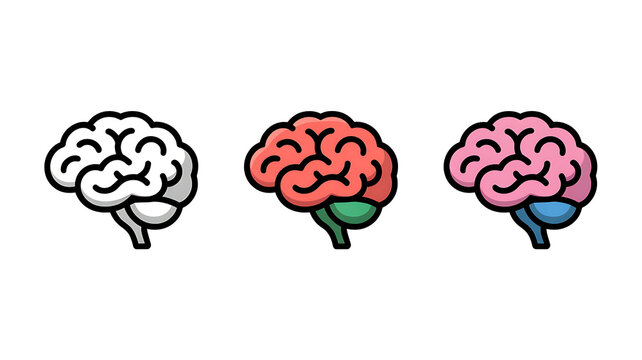 Three different colored brain icons showing white coral and pink shades in stylized cartoon vector illustration