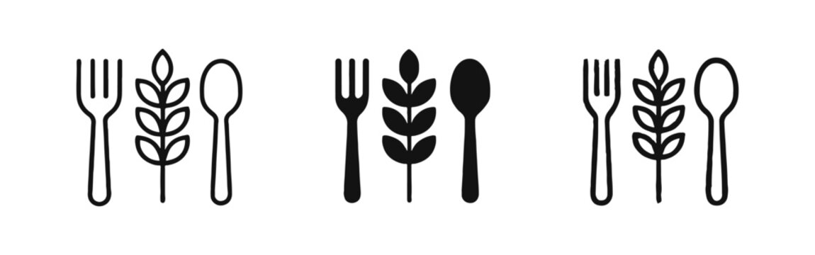 Cutlery and wheat icons set, fork spoon and grain icons in outline, solid and hand-drawn style, vector food symbol
