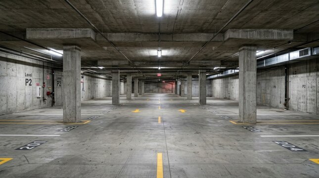 Bright lights illuminate a vast, empty underground parking garage.