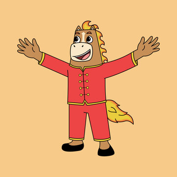 A Fire Horse zodiac character dressed in a vibrant red traditional Chinese outfit, captured in a dynamic pose with rich cultural elements, symbolizing luck, energy, and festive celebration.