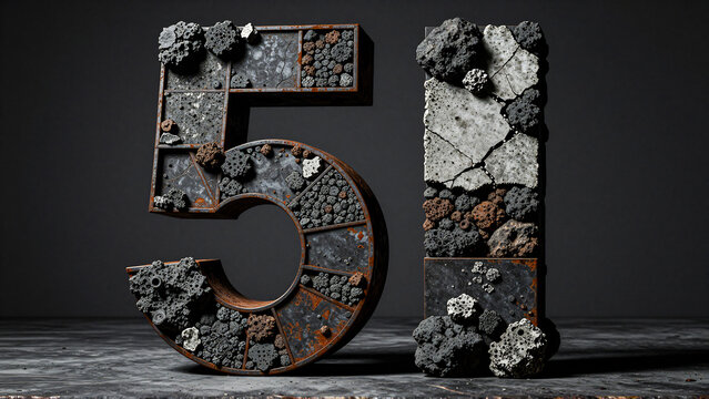 Number 51 composed of textured concrete, rocks, and rust, with a dramatic spotlight