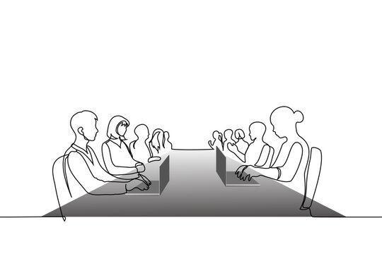 Continuous line vector art of a corporate meeting. Business people sit at a table using laptops on a white background