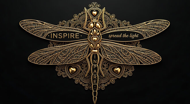 Ornate golden dragonfly illustration with intricate filigree patterns and inspirational text on black background, luxury 3D metallic design.
