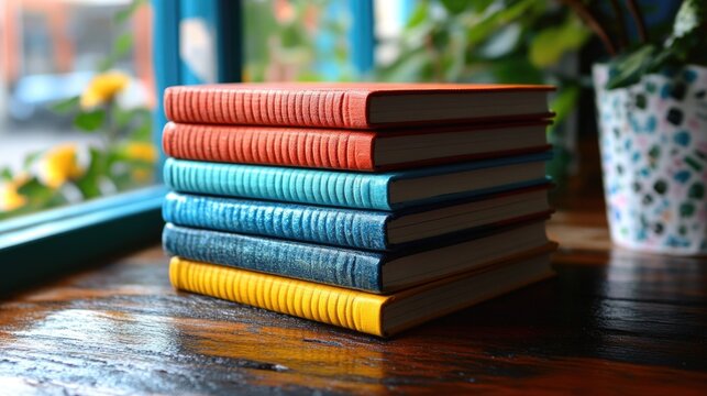 Colorful stack of notebooks and journals on surface
