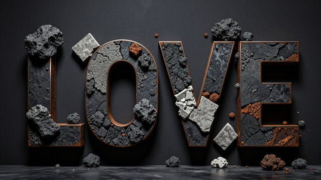 Textual Representation of 'LOVE' Formed by Rough Stones on a Dark Background