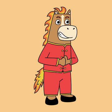A Fire Horse zodiac character dressed in a vibrant red traditional Chinese outfit, captured in a dynamic pose with rich cultural elements, symbolizing luck, energy, and festive celebration.