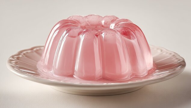 Delicate pink molded dessert with scalloped edges on a white plate
