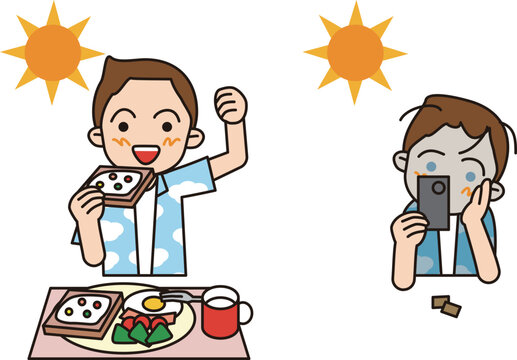 小学生の朝食。バランスの良い洋食とクッキーだけの男の子ののイラスト。