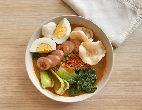 indonesian seblak with egg, sausages, crackers, and vegetables, served in a bowl on a plain wooden table, top-down view, clean and aesthetic food styling