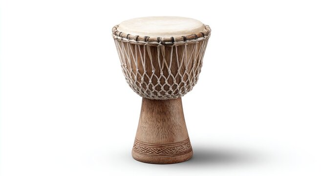 Handcrafted wooden goblet drum with stretched skin head and rope lacing