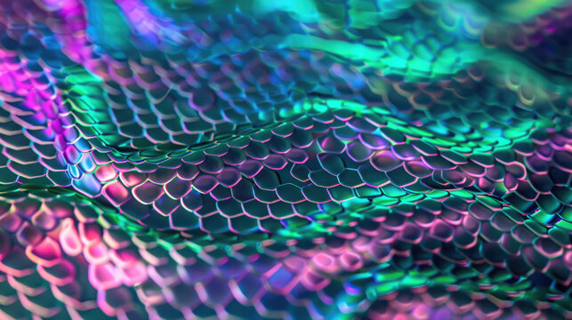 Holographic iridescent snake skin texture pattern with neon green and pink colors on dark background