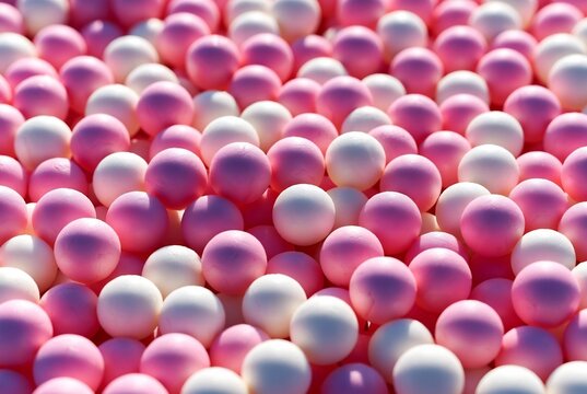 A vast field of pink and white foam balls. Playtime, a sensory experience. A ball pit.