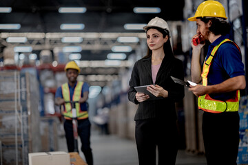 Industrial storage facility teamwork concept. African American warehouse worker pulling pallet jack...
