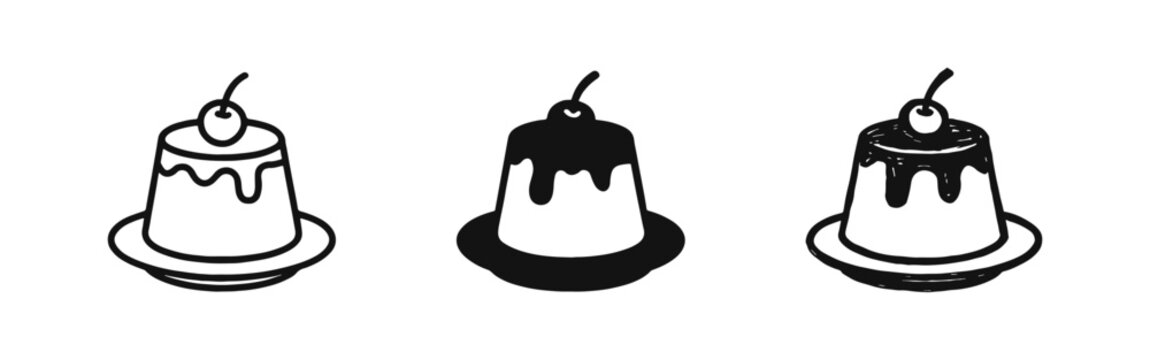 Custard Pudding Flan Icons with Cherry Topping in Three Different Graphic Styles