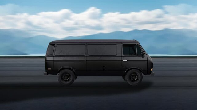 Side view of a Black Van driving on highway at high speed. Blue sky and mountains background. Black Van moving forward on background with motion blur effect. 4K Infinite Seamless loop animation.