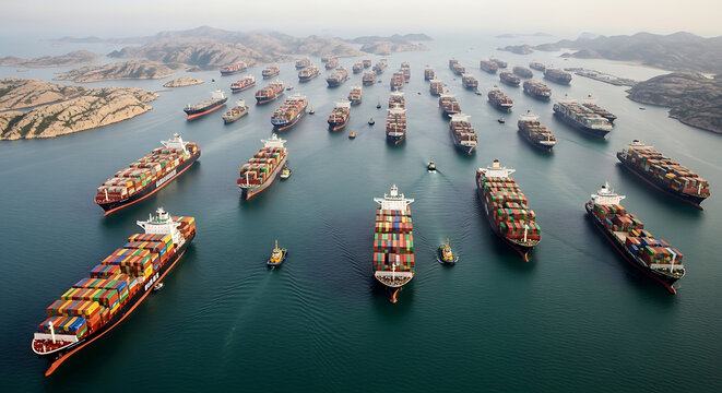 Cargo vessels congestion blocking maritime traffic in the Strait of Hormuz, tankers and container cargo ships clustered. Strategic maritime t linking the Persian Gulf and and Gulf of Oman