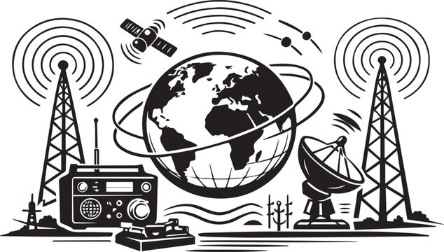 Monochrome Vector Illustration of Amateur Radio Communication Elements with Antennas Waves and Transmission Towers