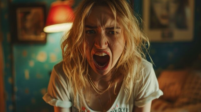 An enraged blonde, mouth agape, screams, conveying emotion and creating an inspiring backdrop for dramatic scenes.