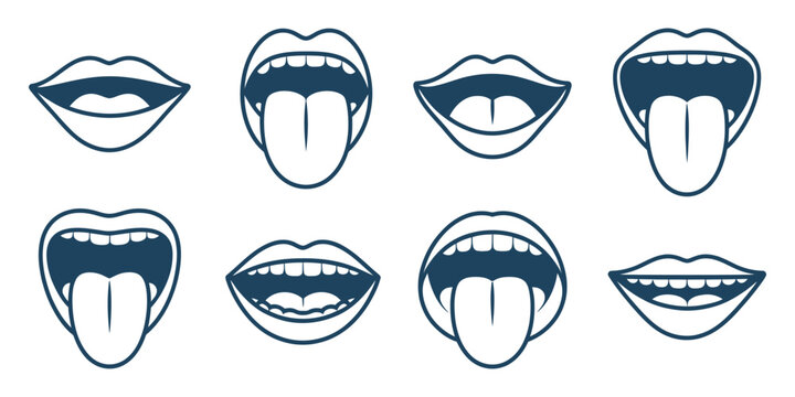 Mouth, blue lips and tongue icon set, isolated on white and black backgrounds, different styles, vector illustration for graphic design, branding, logos, apps, websites, and creative digital projects.