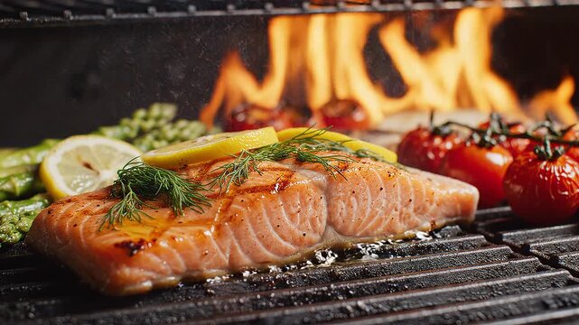 BBQ Salmon Fillet Asparagus Cherry Tomatoes Charcoal Fire Food Commercial 4K