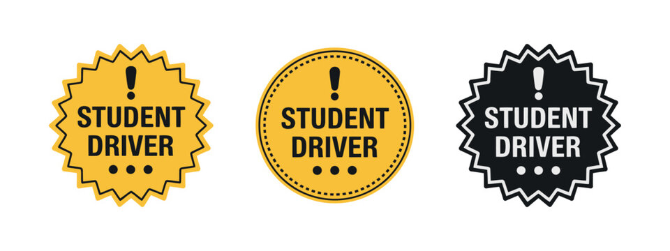Student driver stickers vector with caution badges and warning signs for driving safety, road alerts, and scalable traffic design graphics