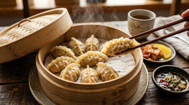 mandu dumplings in bamboo steamer with chopsticks
