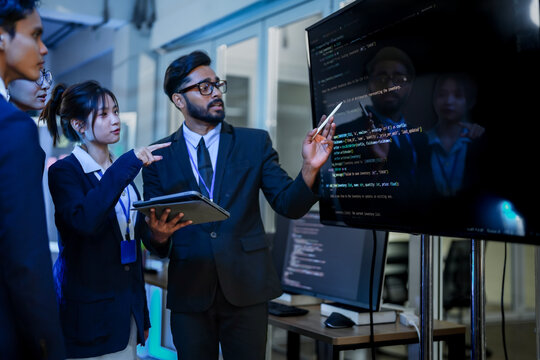 Senior software architect conducting rigorous backend code review with development team. Technical lead analyzing syntax optimization strategies on digital interface.